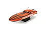Pro Boat Stealthwake 23-inch RC speed boat in orange and black livery, displayed on a black plastic boat stand against a white background.