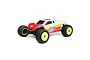 Losi Mini-T 2.0 1/18 scale 2WD RC stadium truck in red, white, and yellow livery with neon yellow wheels, isolated on a white background.