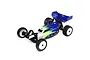 A studio shot of the Losi Mini-B 2.0 1/16 scale RC buggy in blue, featuring a white and green livery, white wheels, and black off-road tires.
