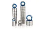 A collection of various sized metal ball bearings with blue rubber seals arranged in stacks on a white background.