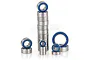 A collection of various sized metal ball bearings with blue rubber seals arranged in stacks against a white background.