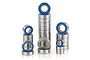A collection of various sized metal ball bearings with blue rubber seals stacked in groups against a white background.