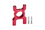 A red anodised aluminium centre differential mount for an RC car, shown with four included mounting screws on a white background.