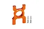 An orange anodized aluminium centre differential mount for RC cars, shown with four included mounting screws.