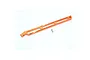 An orange anodized aluminium RC chassis brace with a single silver screw on a white background.