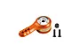 An orange anodized aluminium 25T servo saver arm with a silver center insert, accompanied by one black lock nut and two black machine screws.