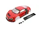 A red Kyosho 1/8 scale Audi R8 LMS painted RC car body shell with a separate black rear wing and mounting hardware on a white background.