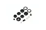Kyosho RC differential gear case and pulley set including various black plastic gears, pulleys, metal screws, and small clips on a white background.
