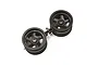 Two black 5-spoke RC car rims attached to a plastic sprue tree on a white background.
