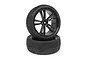 Two black RC buggy wheels with 5-spoke rims and knobby off-road tires stacked on a white background.
