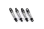 Four Kyosho silver aluminium RC shock absorbers arranged in a row on a white background.