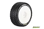 A single Louise B-Pirate RC buggy tyre mounted on a white dished wheel, featuring a knobby tread pattern and Louise branding on the sidewall.