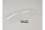 A clear, unpainted RC plane canopy made of thin plastic, accompanied by a small strip of grey adhesive tape held together by a yellow band.