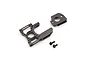 Kyosho aluminium long motor mount parts including the main mount, a secondary bracket, and two small screws on a white background.