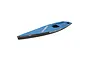 A blue and black Kyosho Seawind RC boat hull viewed from a high angle against a white background.
