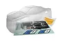 A clear, unpainted polycarbonate body shell for a 1/10 scale Maverick Quantum2 XT RC truck, shown with included decal sheets on a white background.