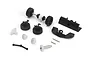 HPI Racing 1/64 scale RC steering and drive parts set including wheels, gears, axles, and plastic chassis components.