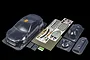 HPI Racing 1/10 scale clear Toyota GT86 RC car body shell with included decal sheet, wing, and accessory parts on a black background.