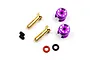 A set of Yeah Racing 4mm bullet plugs with purple aluminium grips, gold-plated connectors, grub screws, and O-rings on a white background.
