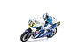Kyosho 1/8 scale RC Suzuki RGV-Γ motorcycle model with rider figure, featuring blue, white, and yellow racing livery with number 55.