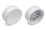 Two white Team Associated 2.2 inch front dish rims for RC buggies, shown from the front and back.
