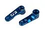 Two blue anodized aluminium steering bell crank arms for RC vehicles, featuring the Factory Team logo.