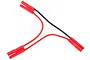 A Y-shaped RC battery adapter cable with red and black wires and bullet connectors on a white background.