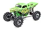 Losi LMT King Sling 1/8 scale RC monster truck in bright green with flame and skull graphics, featuring large mud-terrain tires and chrome wheels.