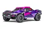ARRMA Fury 223S BLX RC short course truck in purple and pink with black off-road tires, viewed from a front three-quarter angle against a white background.