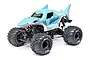 Losi Mini LMT Megalodon RC monster truck with a shark-shaped body, large BKT tires, and 4WD chassis on a white background.
