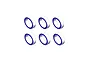 A set of six identical metal ball bearings with blue rubber seals arranged in two rows of three against a white background.