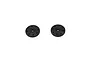 Two black circular RC shock pistons with eight small holes arranged in a ring around a central hole, isolated on a white background.