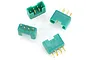 Four green plastic MPX electrical connectors with gold-plated pins arranged on a white background.