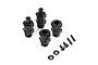 A set of four black aluminium wheel hex wideners for RC cars, including mounting screws and washers, isolated on a white background.