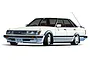 An illustration of a white Toyota Mark II GX71 sedan with custom wheels and fender flares, shown from a front three-quarter angle.