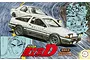 Illustration of the Initial D Toyota AE86 Trueno drifting on a mountain road, featuring manga-style panels of Takumi Fujiwara and the car.