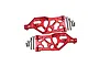 A pair of red anodized aluminium front lower suspension arms for an RC car, including mounting hardware, isolated on a white background.