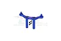 A blue anodized aluminium front body mount for an RC car, featuring two vertical posts and two small black screws, set against a white background.