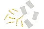 A set of G-Force male AMP connector components including four white plastic housings and several gold-plated metal pins on a white background.