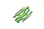 A pair of green anodized aluminium front upper suspension arms for an RC car, including mounting hardware, isolated on a white background.