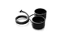 Two black SkyRC tyre warmer cups connected by a black cable with a plug, isolated on a white background.