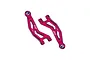 Two red anodized aluminium front upper suspension arms for RC cars by GPM Racing, featuring a cut-out design and 7075 alloy branding.