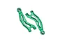 A pair of green anodized aluminium front upper suspension arms for RC cars by GPM Racing, featuring 7075 alloy branding.