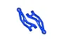 Two blue anodized aluminium RC front upper suspension arms by GPM Racing, featuring a cut-out design and engraved 7075 markings.