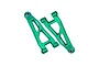 Two green anodized aluminium front lower suspension arms for RC cars by GPM Racing, featuring a triangular cut-out design.