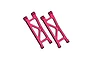 Two red anodized aluminium rear lower suspension arms for RC cars by GPM Racing, featuring a triangular cut-out design.