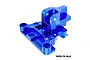 A blue anodized aluminium front centre brace mount for an RC car, featuring a complex machined shape with multiple mounting holes and the GPM Racing logo.