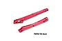Two red anodized aluminium RC chassis braces from GPM Racing, showing machined details and branding.