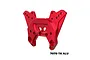A red anodized aluminium front shock tower for an RC car, featuring multiple mounting holes and the GPM logo engraved on the front.