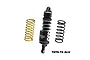 A GPM Racing black aluminium rear shock absorber for RC motorcycles, shown with one gold and one black spare spring on a white background.